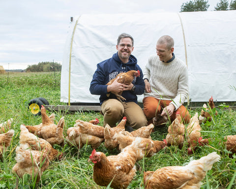 Two men sitting on the ground surrounded by chickens in a grassy area with a white tent in the background.